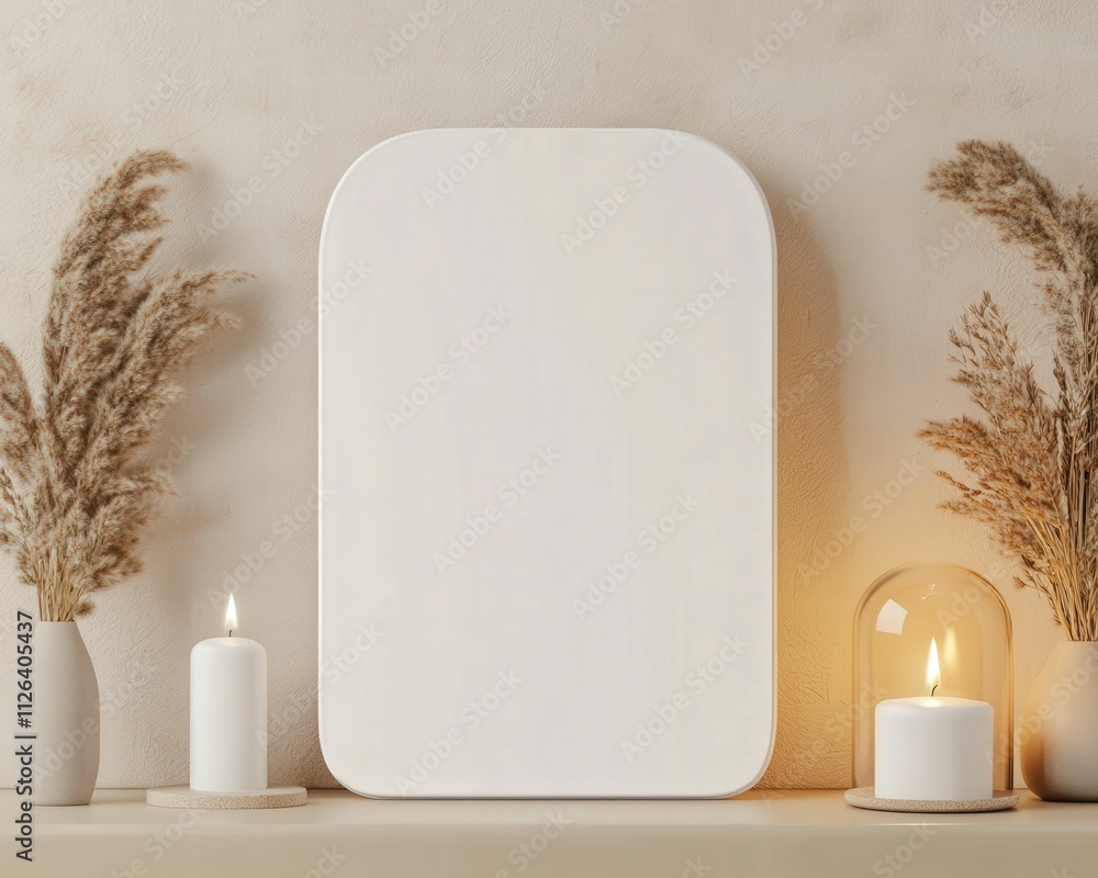 Poster a minimalistic display featuring a blank frame surrounded by candles and dried pampas grass, creatin