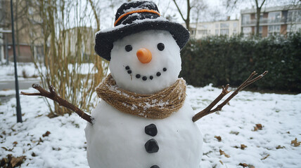 Snowman with a carrot nose, hat, scarf, coal buttons and stick arms standing outside on a winters day.