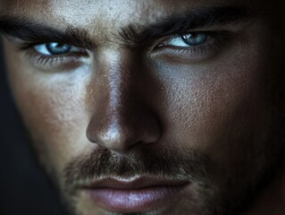 close-up portrait of a man with striking blue eyes and strong features