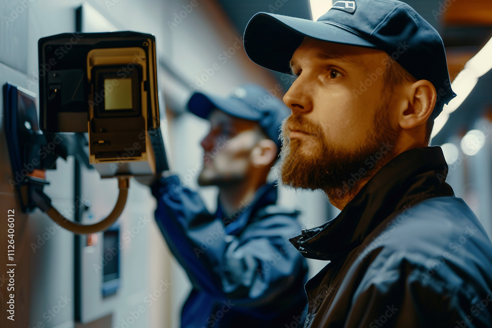Poster security officer works on computer in police monitoring center with cctv cameras generative ai