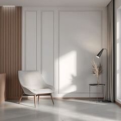 Aesthetic elegant minimalist modern interior design. Clear mock up empty wall for decoration in the apartment. Copy space in the room. Neutral palette of natural colors.