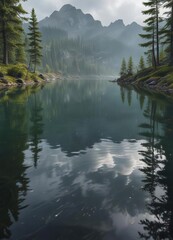 Rain creates a reflective pool on the surface of a calm lake, lake scenery,