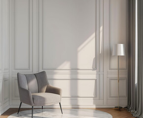 Aesthetic elegant minimalist modern interior design. Clear mock up empty wall for decoration in the apartment. Copy space in the room. Neutral palette of natural colors.