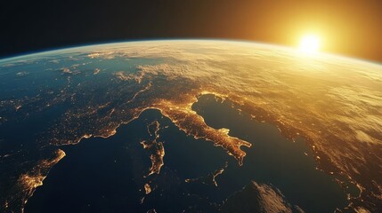 Ultra detailed, photorealistic view of Earth from space at dawn