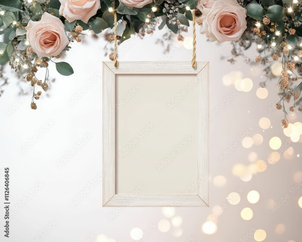 Poster a beautiful empty frame hangs from a floral arrangement of roses and greenery, surrounded by soft bo