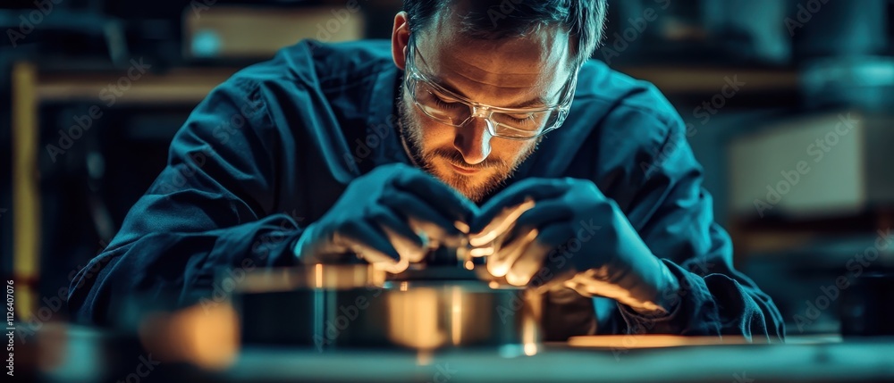 Poster skilled technician working meticulously on a precision component in a well-lit workshop during eveni
