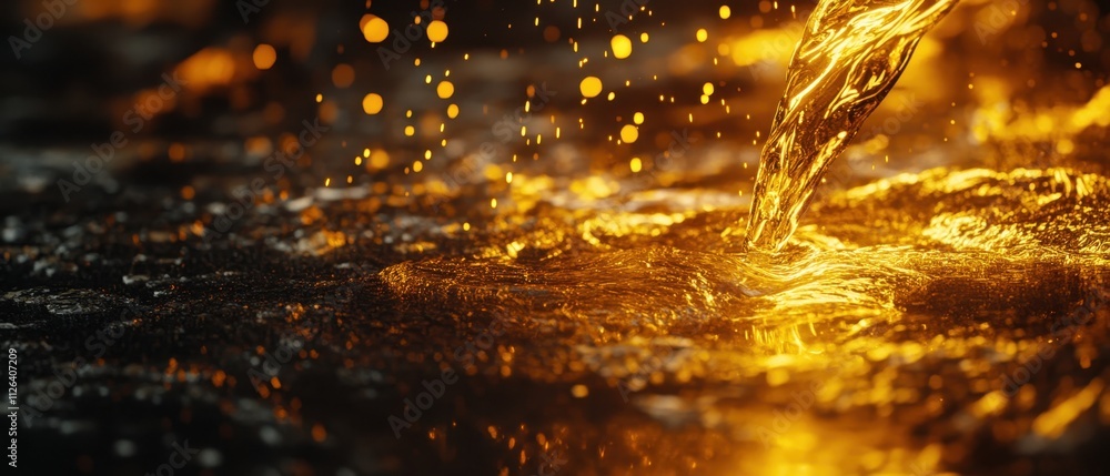Poster golden liquid cascading into a dark reflective surface creating mesmerizing patterns and light effec