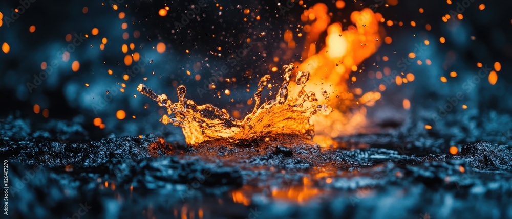 Aufkleber golden liquid cascading into a dark reflective surface creating mesmerizing patterns and light effec