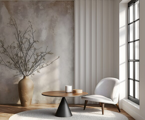 Aesthetic elegant minimalist modern interior design. Clear mock up empty wall for decoration in the apartment. Copy space in the room. Neutral palette of natural colors.