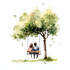 Couple on swing under tree, enjoying romantic outdoor moment