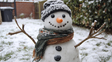 Snowman with a carrot nose, hat, scarf, coal buttons and stick arms standing outside on a winters day.