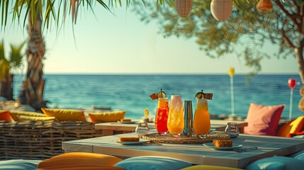 Obraz premium Three tropical cocktails on a beachside table, overlooking the ocean.