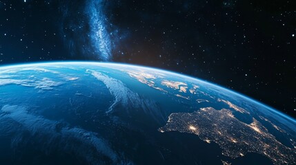 Ultra detailed, photorealistic view of Earth from space showing the curvature of the planet with dense cloud formations swirling over the Pacific Ocean