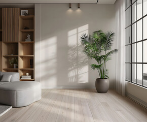 Aesthetic elegant minimalist modern interior design. Clear mock up empty wall for decoration in the apartment. Copy space in the room. Neutral palette of natural colors.