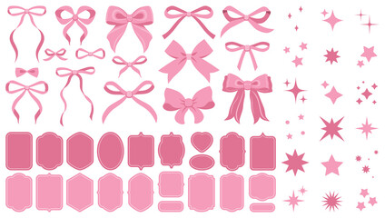 Soft pink vintage bow set. Bows for decor. Trendy girls accessories. Cute hairstyle elements. Sparkles icons, star shape. Party decoration, gift. Glitter sparkle. Stickers, frames, promo, price, sale