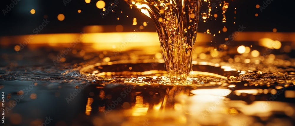 Poster golden liquid flows gracefully, creating mesmerizing ripples and reflections in dim ambient light