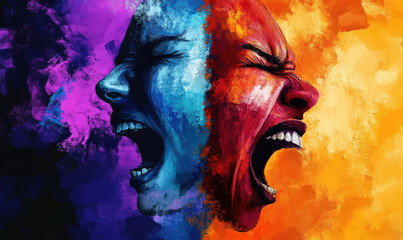 Intense emotional conflict dual faces, screaming, anger, sorrow