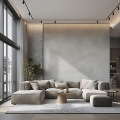 Aesthetic elegant minimalist modern interior design. Clear mock up empty wall for decoration in the apartment. Copy space in the room. Neutral palette of natural colors.