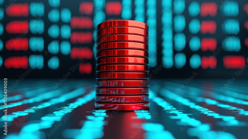Poster stack of red coins on a digital backdrop with blue and red elements.