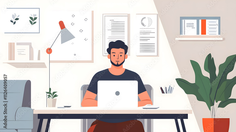 Poster a man working remotely from home, highlighting the concept of global business networking.