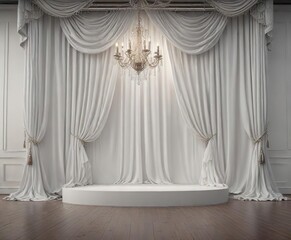 Refined stage featuring white backdrop chandelier and flowing curtains, special occasion, gala