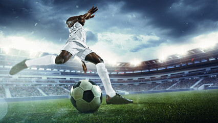 Low angle view of soccer player in white in motion on field, taking control of match. 3D render of open air arena. Dynamic evening match. Concept of sport, tournament, competition, game event