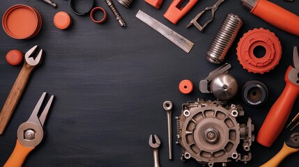 Mechanics repair engine adjustment concept. Tools and accessories arranged on a dark surface for DIY projects.