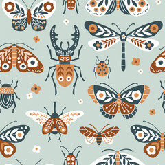 Seamless vector pattern with hand drawn butterfly, moth, dragonfly, ladybug and stag beetle. Cute patterned insect illustration. Perfect for textile, wallpaper or print design. EPS10 vector file.