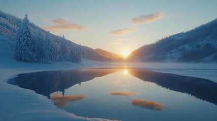 Fototapeta premium Winter mountains at sunrise. Amazing snowy nature landscape in sunlight. Scenery mountain clean icy lake in the morning