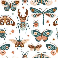 Seamless vector pattern with hand drawn butterfly, moth, dragonfly, ladybug and stag beetle. Cute patterned insect illustration. Perfect for textile, wallpaper or print design. EPS10 vector file.