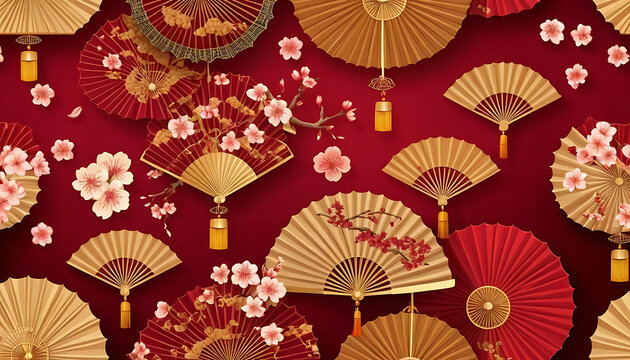 A detailed vector illustration of a seamless red background with intricate golden patterns of traditional Chinese fans, lanterns, and cherry blossoms, evoking a festive and cultural atmosphere.