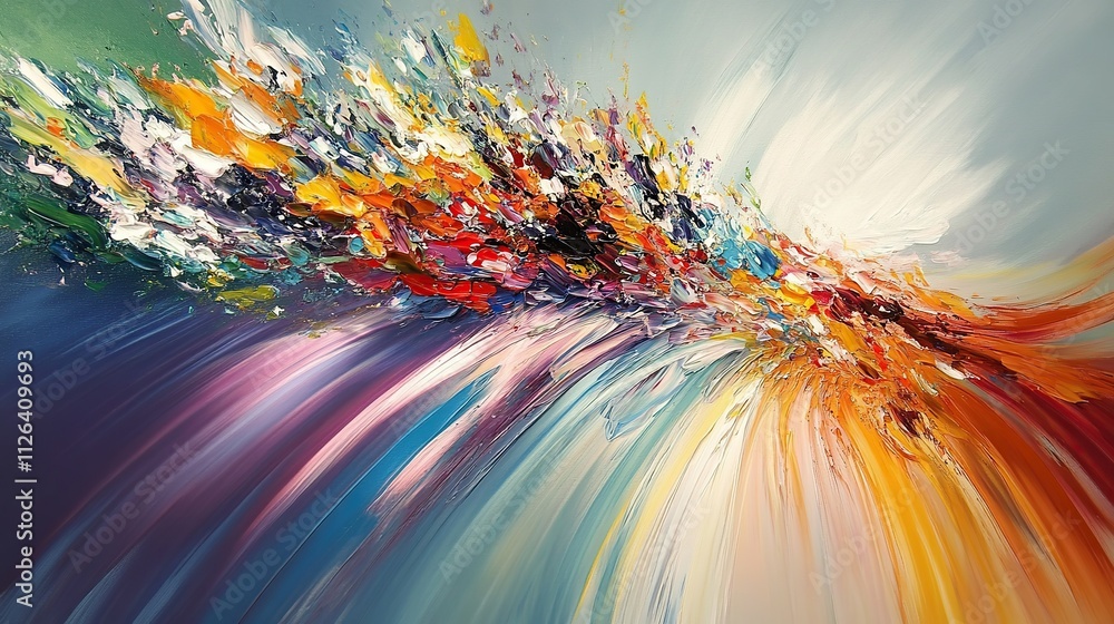 Poster a trail of vibrant paintbrush strokes across a canvas, blending and blending to form an abstract, ye