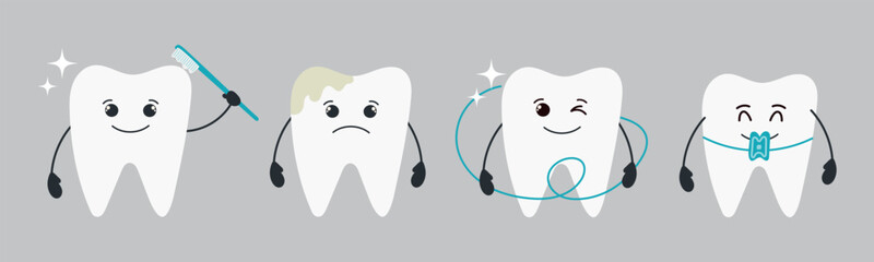 Cute set of teeth with different emotions. Different conditions of teeth.