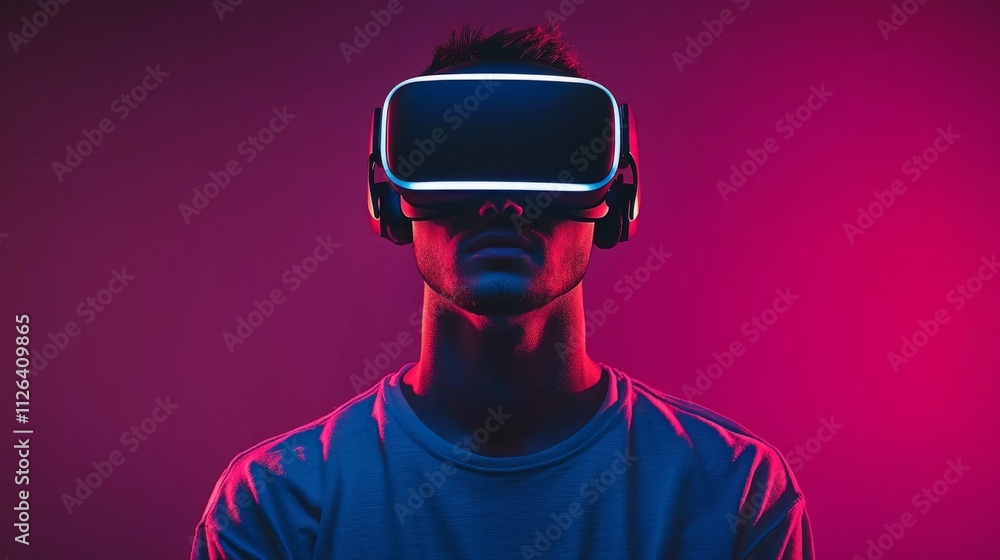 Poster in a contemporary tech studio, a developer engages deeply with a virtual reality headset, surrounded