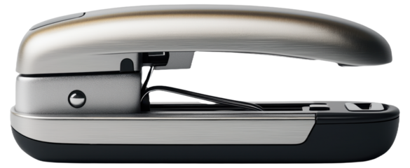 A metal stapler with a sleek, modern design.