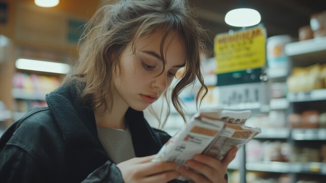Young Woman Examining Ingredients on Package in Grocery Store