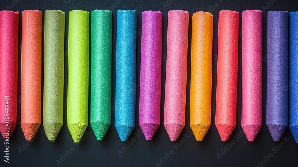 Poster a close-up of colorful pastels arranged in neat rows, ready to be used to create a new masterpiece, 
