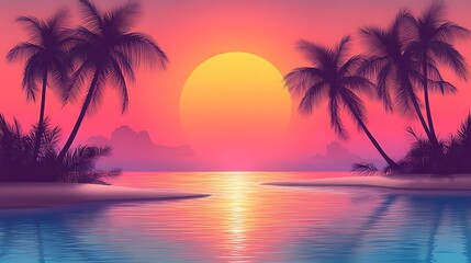 Tropical Sunset Paradise Palm Trees Ocean Beach