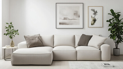 White Sofa Against White Wall with Bright Accents - Modern Living Room Mockup