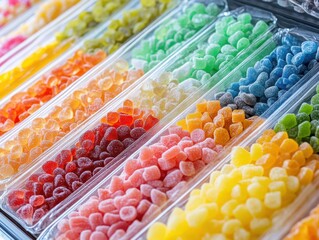 Freeze-dried candy with colorful sweets and trendy packaging in a modern snack scene