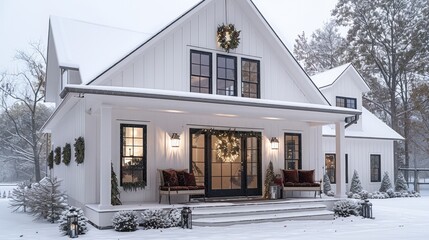 Christmas Decorating Inspiration. A beautiful white modern farmhouse with large windows, decorated for Christmas and snow on the ground, a big front porch with a bench with velvet pillows.