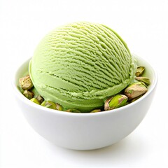 Creamy Pistachio Ice Cream Scoop in White Bowl with Fresh Pistachio Nuts on White Background