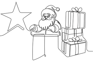 Vector hand drawn Christmas concept sketch. Santa Claus driving car with open bag full of presents. Lettering Christmas concept. Vector illustration