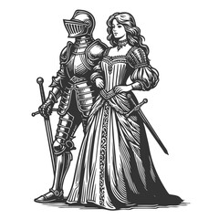 knight in full armor alongside a noble lady in a flowing medieval gown, both holding swords sketch engraving generative ai vector illustration. Scratch board imitation. Black and white image.