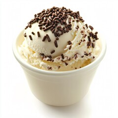 Vanilla Ice Cream Scoop with Chocolate Sprinkles in White Cup Isolated on White Background