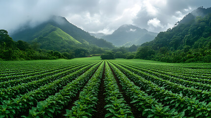 A panoramic photography of a cacao farm nestled in a valley, with the trees' vibrant green canopies contrasting against a misty mountain backdrop in the distance.