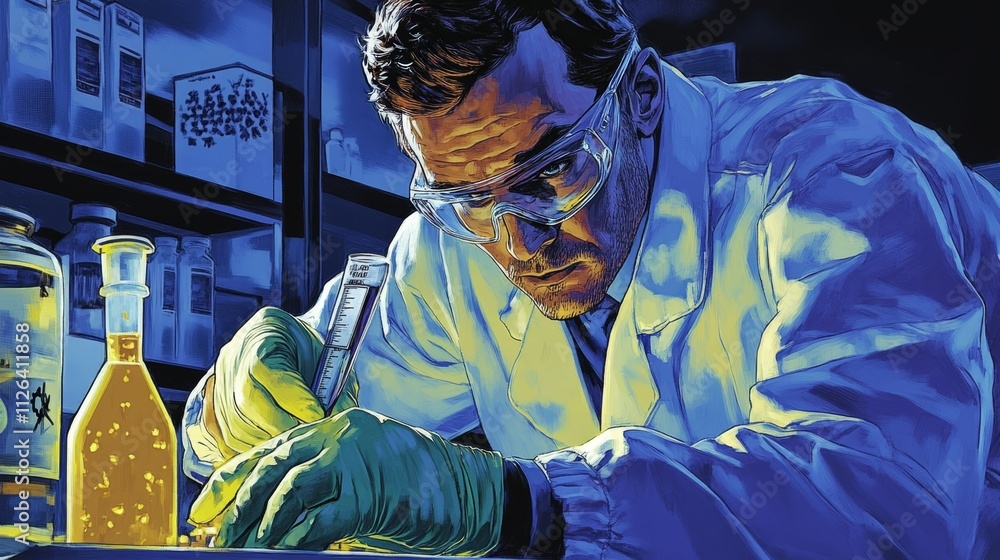 Poster serious scientist examining samples in a laboratory setting