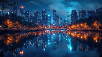 Fototapeta premium Glowing city skyline reflecting perfectly on a dark, still river.