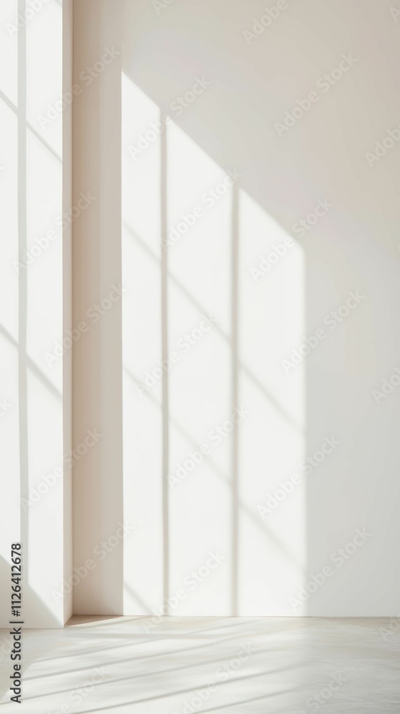 Poster bright sunlight casting geometric shadows through windows on a white wall, creating a minimalistic a