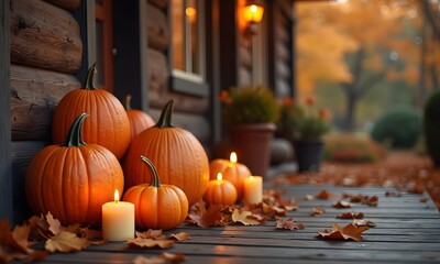 A collection of pumpkins on a table and fence in an autumn pumpkin patch during harvest season, Generative AI
